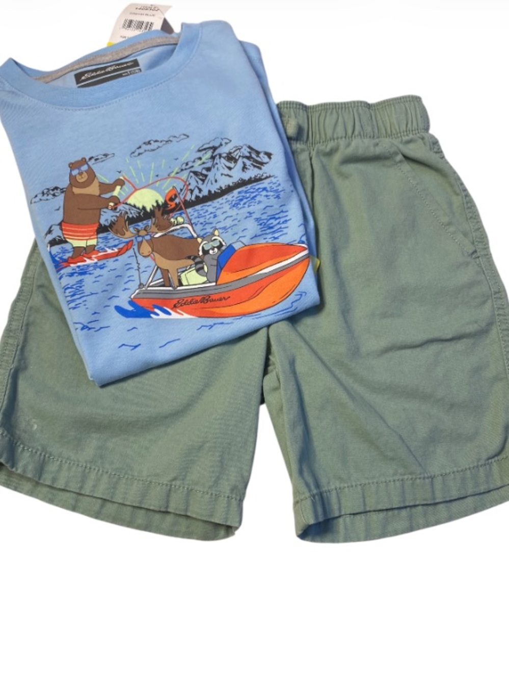 Eddie Bauer Light Blue Graphic Tee Size 7/8 Kids 365 Olive Green Shorts Size 7